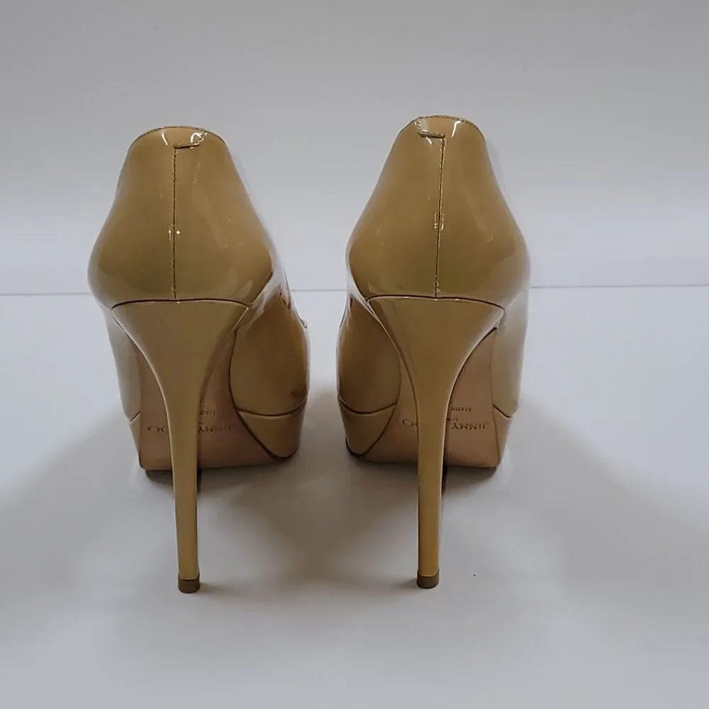 Jimmy Choo Victoria Tan Patent Leather Almond Toe Platform Pumps Women 38/US 8